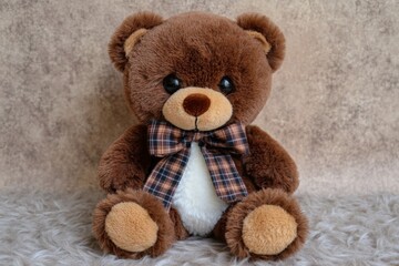 Obraz premium Cute brown teddy bear with a plaid bow sits on a soft surface, perfect for a child’s room or as a gift for any occasion