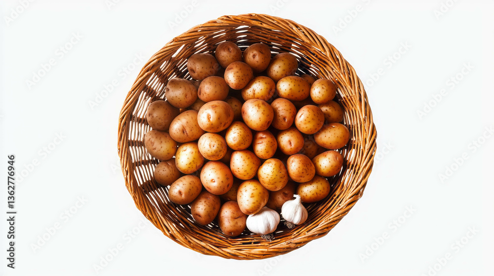 Poster fresh potatoes and garlic in rustic wicker basket on white background