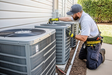 An air conditioning technician, inspecting and maintaining the coil formations