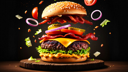 A grilled beef burger sandwich with cheese and lettuce, a fast snack of cheeseburger