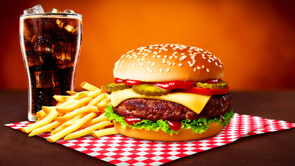  fast food meal of a beef burger sandwich with lettuce and tomato, hamburger sandwich with fries
