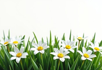 Enhance your design projects with this clean and realistic stock photo showcasing a beautiful set of white flowers and fresh green grass against a seamless, pure white backdrop.

