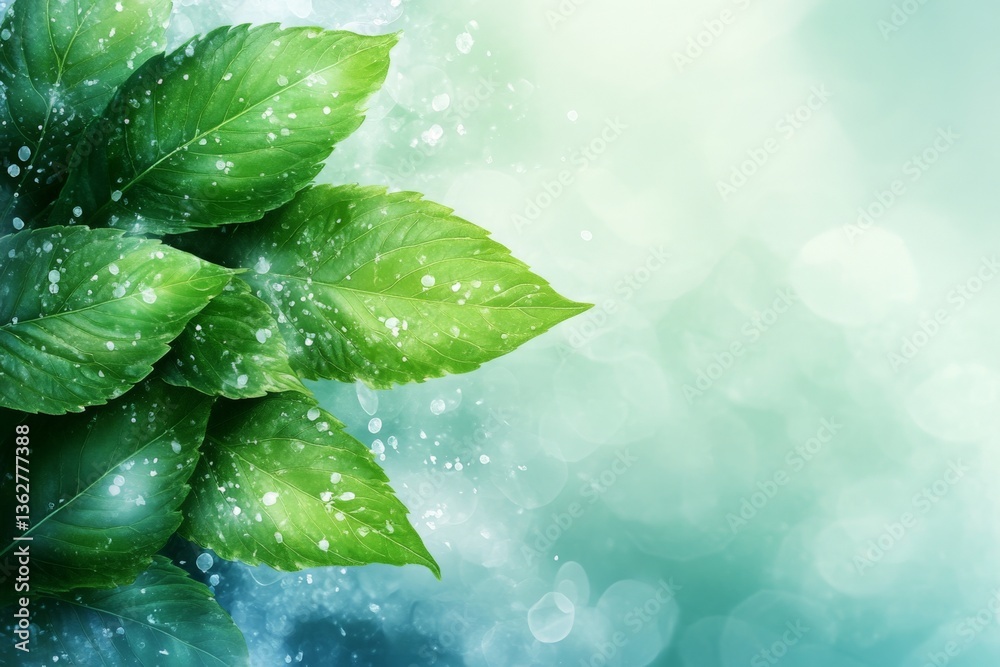 Poster Fresh green leaves with water droplets creating a serene atmosphere in a natural setting during daytime