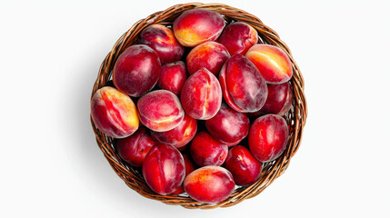 Obraz premium Fresh peaches in rustic wicker basket for summer harvest display