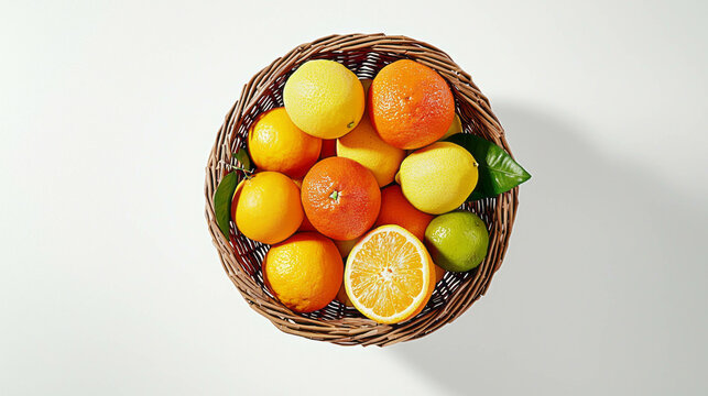 Vibrant oranges and lemons in a wicker basket on white background for kitchen decor
