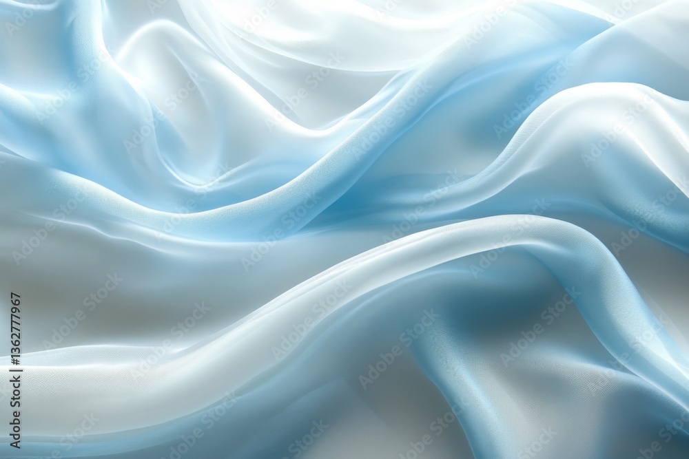 Poster Soft light blue fabric draping elegantly on a smooth surface in a serene setting capturing gentle waves and flowing curves