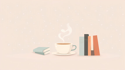 A minimalist, flat illustration depicting coffee and books. Simple lines form the steam rising from a steaming cup of hot drink