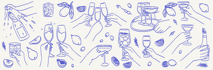 La dolce vita italian sicily Amalfi style. Hand drawn ink line wine, beer, cocktail or champagne drawings. Sketch style bar or party Illustrations for wedding invitations, cafe or restaurant menus.