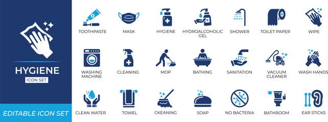 Hygiene solid icon set dental, sink, mop, feminine, person, health, sleep, and personal care items. editable vectors for web & apps.