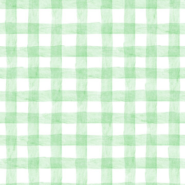 Fototapeta Pastel green Gingham watercolor seamless pattern. Checkered hand drawn background