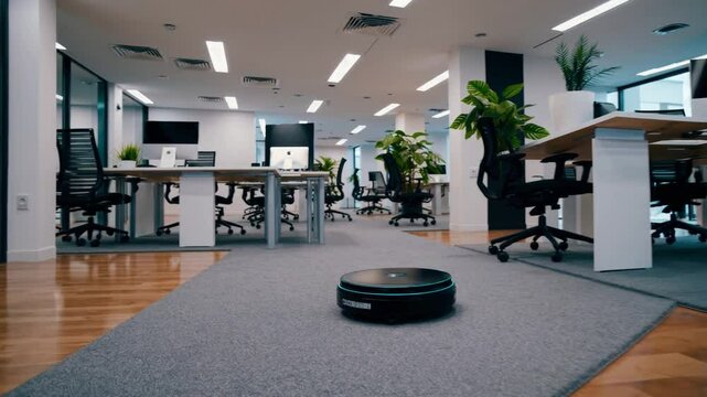 オフィスを掃除する掃除自動ロボット（Automatic cleaning robot cleaning the office）