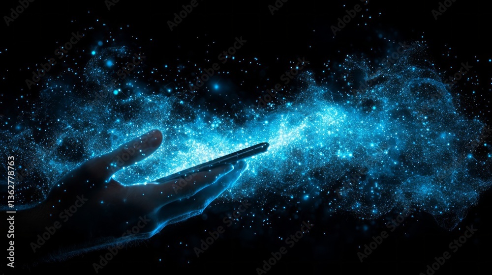 Aufkleber a hand extends toward a luminous smartphone, capturing a mesmerizing display of swirling blue partic