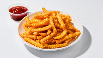 A plate of golden french fries, a fried potato snack, with ketchup