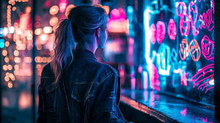 Woman with ponytail in jacket looking at neon lights at night in a city street setting back view