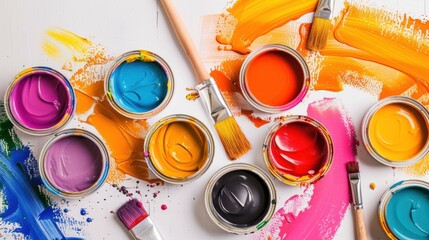 Colorful Paint Cans and Brushes on Bright Artistic Background