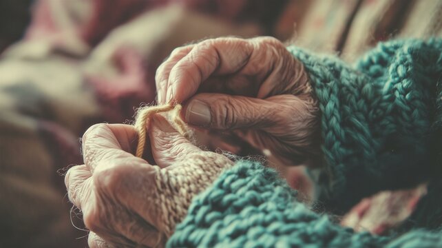 Photorealistic image of an elderly woman’s hands knitting, capturing the peace and comfort found in a small moment of craft and concentration
