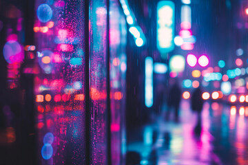 Abstract city street scene with blurred lights and reflections in the rain at night time view