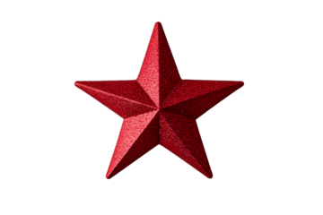 Red star decoration with a glittery finish on transparent background
