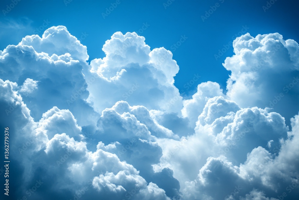 Poster beautiful fluffy clouds in a bright blue sky create stunning patterns and textures above during midd