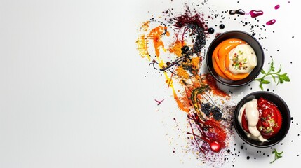 Colorful Dessert Bowls with Artistic Background on White Surface