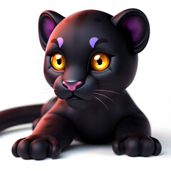 Naklejka premium Black Panther – 3D baby black panther, soft shiny fur, small round paws, big golden eyes, pastel black and purple tones, white background Generative AI