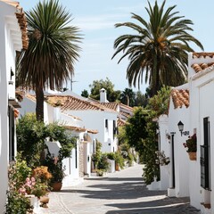 Fototapeta premium Street lined with beautiful Mediterranean-style houses, white walls, terracotta roofs, palm trees swaying