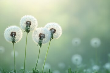 Dandelion flowers swaying gently in a lush green meadow on a serene spring morning