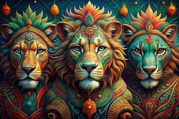 Majestic Lion Heads: Intricate Tribal Art in a Striking Layout
