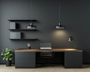 Sleek modern study room with a dark wood desk, clean architectural details, and ambient lighting