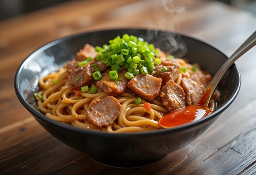 Noodle in bowl with onion and meatball