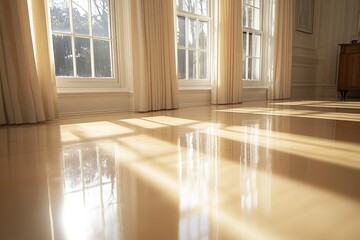 Sunlight streams through windows illuminating a polished floor in a serene indoor space