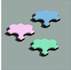 
On a gray background, at equal distances from each other, three 3D puzzles are placed: pink, blue and green, representing diversity and inclusivity. subtle shadows, minimalist composition, symbolism