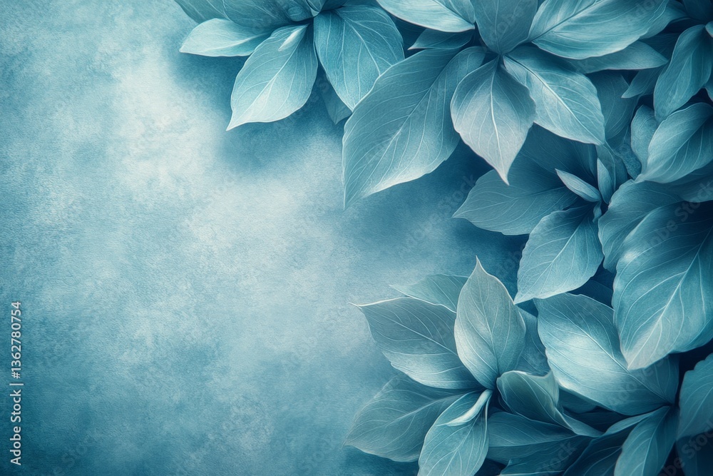 Poster fresh green leaves create a calming atmosphere over a textured blue background in a serene arrangeme