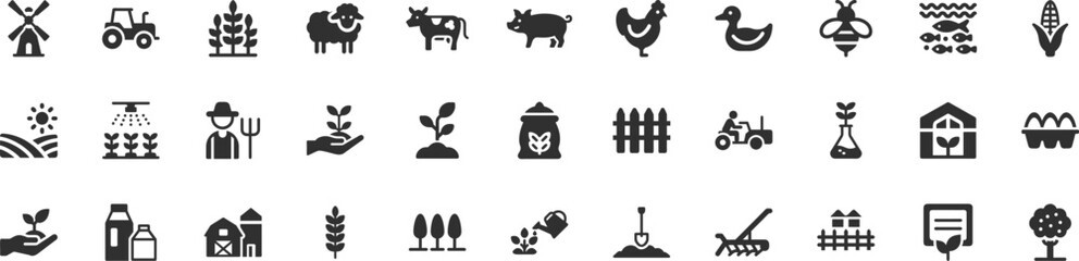 Farming, agriculture icon set. Vector glyph pictograms of tractor, barn, greenhouse, livestock, wheat, crop cultivation, livestock, and sustainable farm black silhouette illustration.