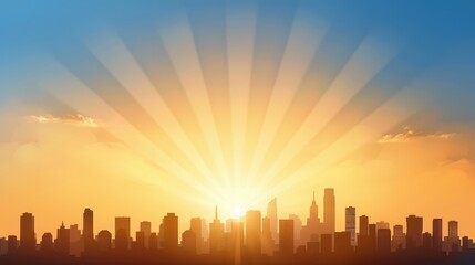 Fototapeta premium Majestic city skyline illuminated by dramatic sunlight piercing through the clouds