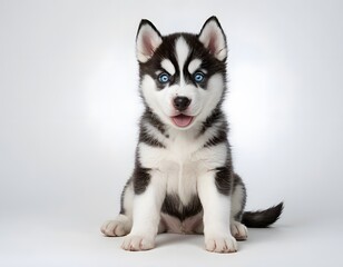 Obraz premium Adorable Siberian Husky Puppy with Blue Eyes on White Background
