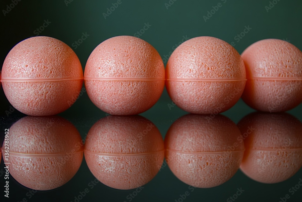 Poster reflective arrangement of pink bath bombs on a dark surface showcasing their texture and shape