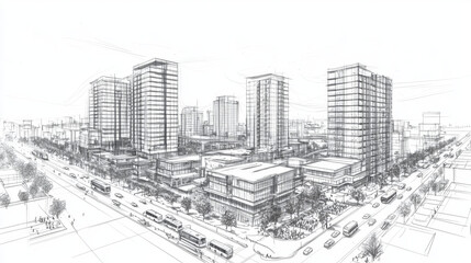 Architectural Sketch Modern Cityscape Design High Rise Buildings Urban Development Plan