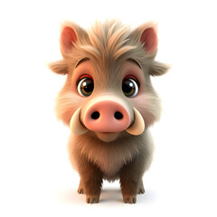 Fototapeta premium Boar – 3D baby boar, soft tiny tusks, round furry body, big expressive eyes, pastel brown and pink tones, white background Generative AI