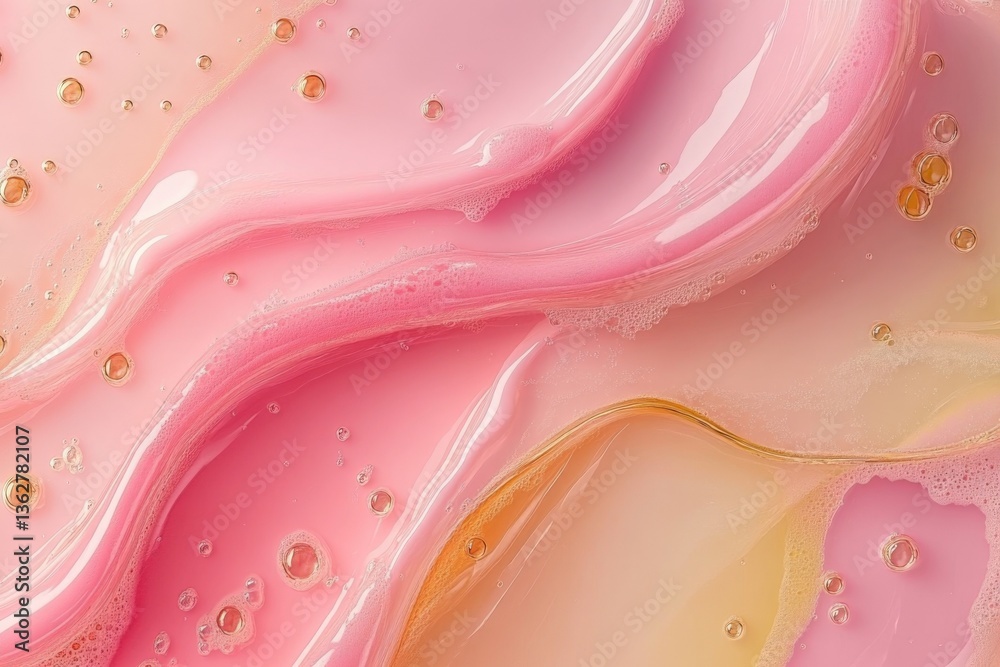 Poster swirling layers of pink and gold liquid create an abstract design in a colorful, artistic arrangemen