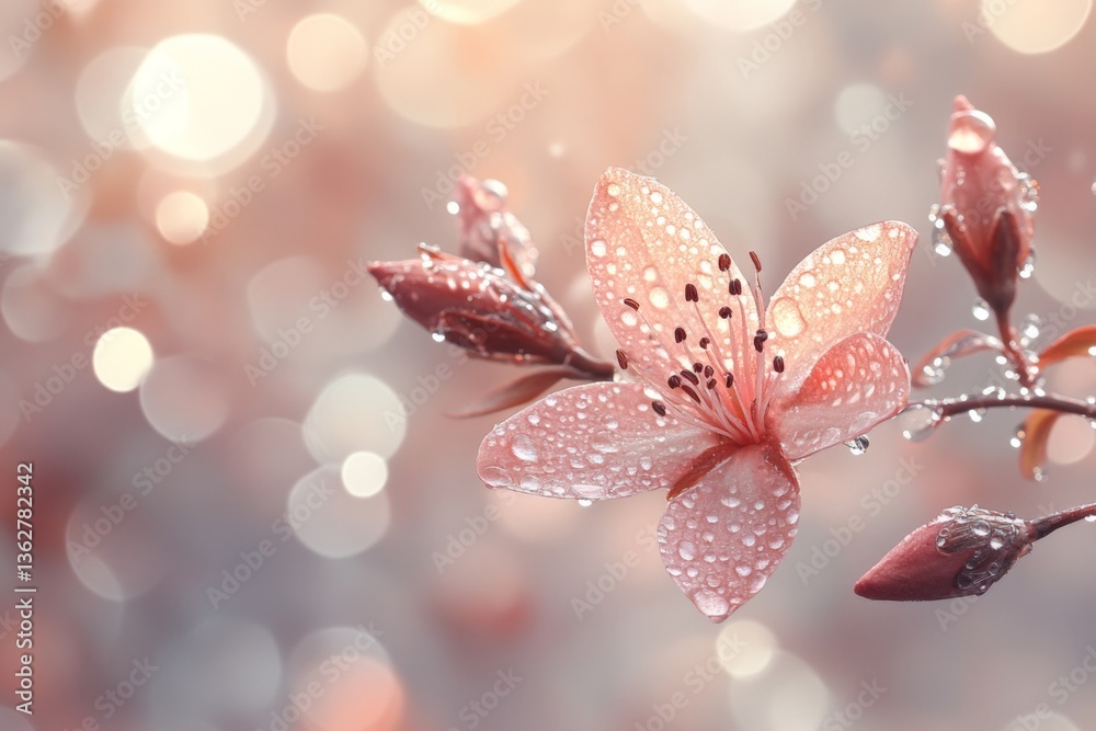 Aufkleber beautiful pink flower with droplets illuminated by soft bokeh background during early morning