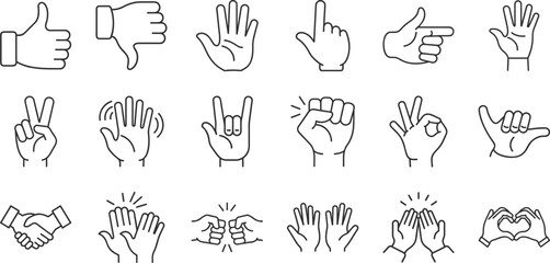 Hand gesture line icon set. Vector pictograms of thumbs up, peace sign, high five, fist bump, rock on, heart shape thin linear illustration for communication, expressions, finger actions.