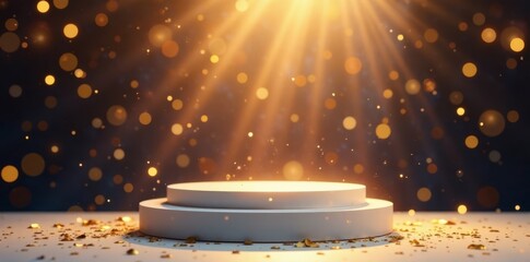Empty podium with luxury background, golden confetti scattered, gold, winner