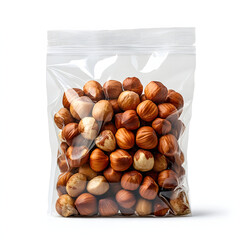 Transparent vacuum-sealed pouch filled with premium hazelnuts showcasing rich brown color and individual detail on a clean white background image