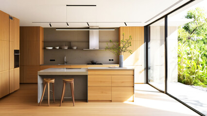 Sleek modern kitchen with integrated sink, interior design