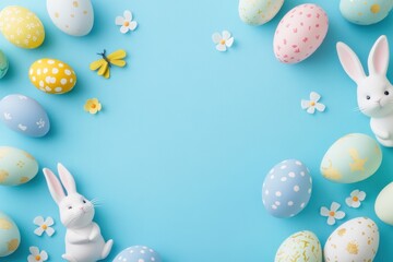 Easter background with colorful eggs, rabbits, and carrots on a blue flat lay, with space for text