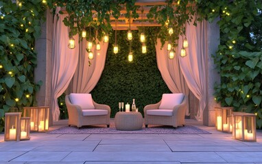 Fototapeta premium Cozy Outdoor Lounge with Fairy Lights and Lanterns