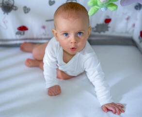 Fototapeta premium A 3-5 month old boy lying on his tummy on a white bed in a white bodysuit and looking at the camera. High quality photo