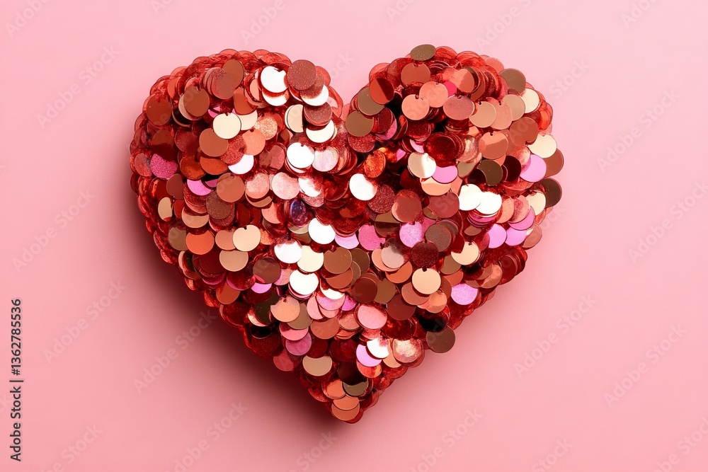 Aufkleber decorative heart shape filled with shiny red and pink sequins on a soft pink background perfect for 