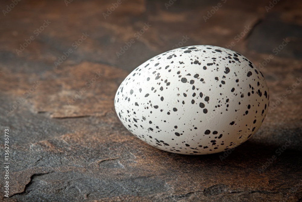 Poster unique speckled egg on a rustic surface highlighting natural textures and colors in soft light